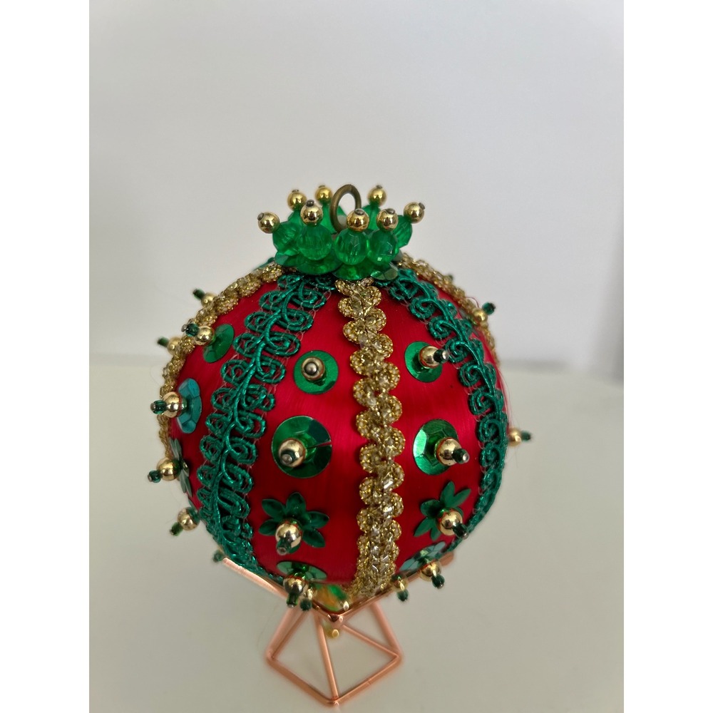 Christmas Push Pin Ornament Red Green Gold Beaded Sequin Satin Collectible Decor